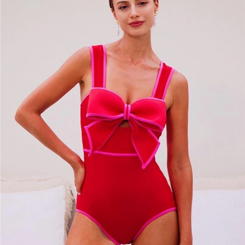 Elegant Red One-Piece Swimsuit with Pink Accents